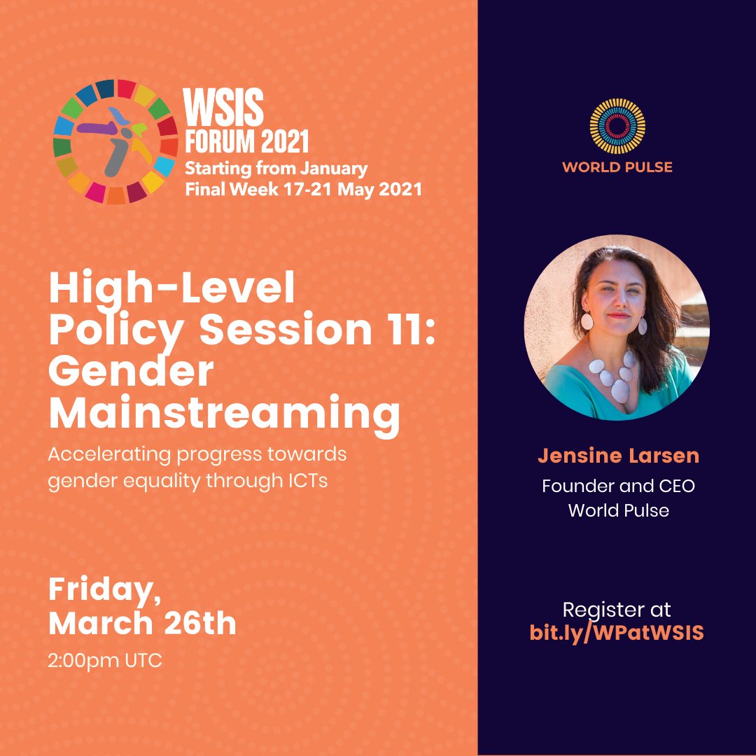 WorldPulse's tweet photo. Tomorrow, 3/26, Jensine Larsen will be a featured panelist for the High-Level Policy Session 11: Gender Mainstreaming at #WSIS. @WSISprocess
@jensine will be representing solutions and concerns from the World Pulse global community. Register now: https://t.co/3BIm0L2s51 https://t.co/9IEwX2dhrB