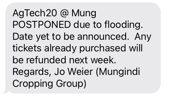 samheagney's tweet photo. As wonderful as the rain and subsequent floods are for our region, sadly #agtech20 Mungindi has been postponed due to floods https://t.co/PbZ4EadaHC