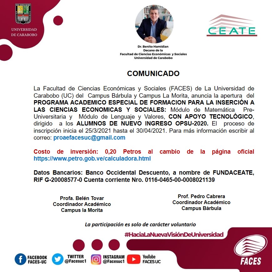 facesuc1's tweet photo. El Decano Dr Benito Hamidian informa la apertura  del Programa Académico Especial de formación para la inserción a las Ciencias Económicas y Sociales dirigido a los alumnos de nuevo ingreso asignados por OPSU - 2020. Para más  información escribir al correo proafacesuc@gmail.com https://t.co/whMSJtGKtC