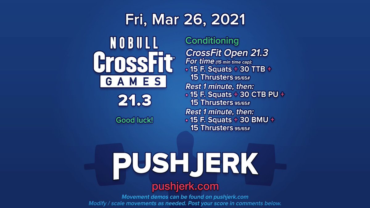 PushJerk's tweet photo. Fri, Mar 26, 2021 • https://t.co/46IJmcscNo
#garagegym #homegym #crossfit #wod 🗓 #shoulderpress 🙌 #squats 🍑 #CFOpen 🌎 #squats 🍑 #ttb 👣 #thrusters 🚀 #ctbpullups ✊➖✊ #barmu ➖💪 #deadlift ☠️ #clean 🧼 #hangclean 👊🧼 #jerk 🤪 https://t.co/9UfDO2AvBE