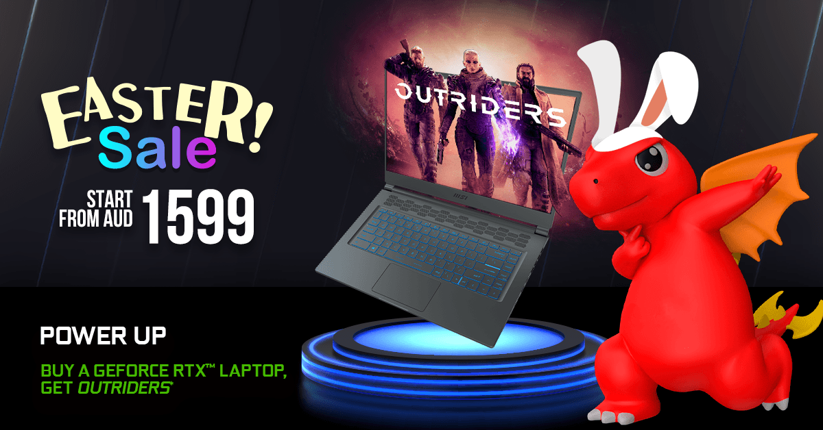 AustraliaMSI's tweet photo. 𝗘𝗮𝘀𝘁𝗲𝗿 𝗦𝗮𝗹𝗲 𝗶𝘀 𝗢𝗻 𝘁𝗵𝗲 𝗪𝗮𝘆!
Make Sure to SNAG these deals before they hop away!
Best Buy 👉 https://t.co/cpu8fsOqmp
Now buy a #MSI #GeForce #RTX #Laptop and get a free copy of #Outriders!(T&C apply) 🔎https://t.co/sc9prSp3z2
#MSI #Eastersale #gamebonus https://t.co/AyfB5mXKY5