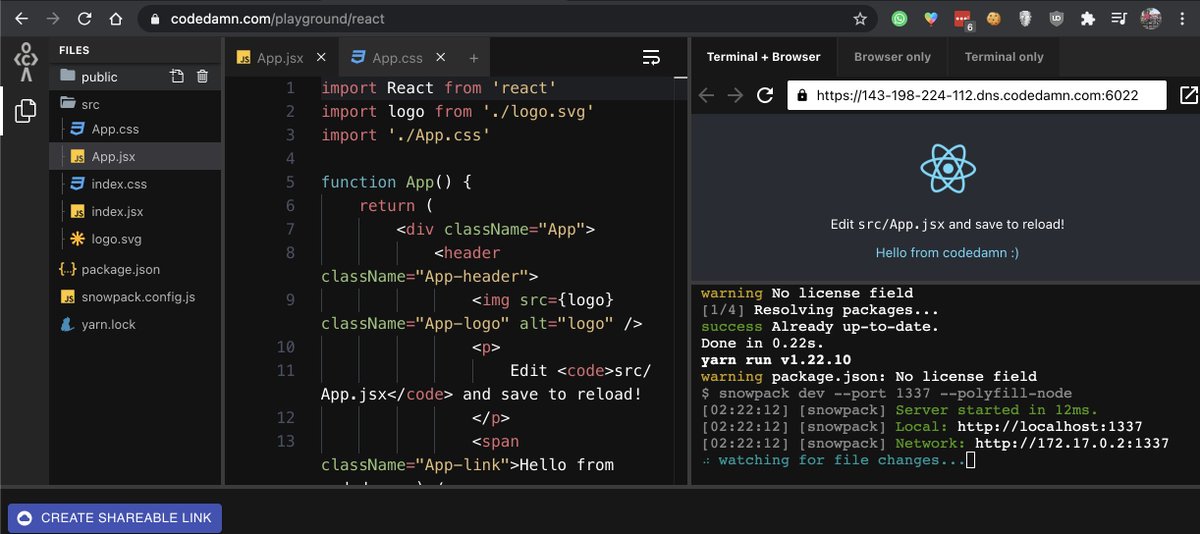 mehulmpt's tweet image. React playground on codedamn now runs on @snowpackjs v3. This was a long time coming but had to be done today. Enjoy!
codedamn.com/playground/rea…