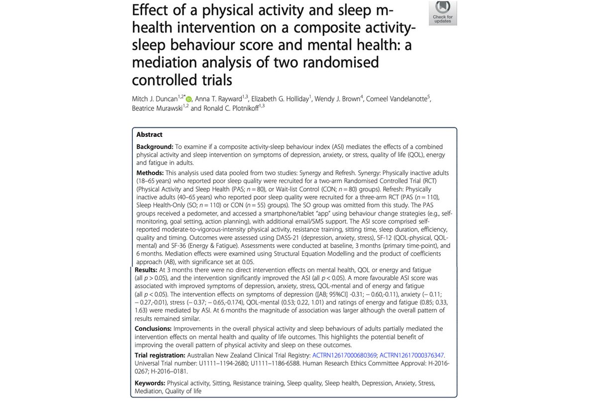Combined effects of a physical activity and sleep mHealth intervention mediated improvements in depression, anxiety, stress, quality of life and fatigue. 

Excellent work by <a href="/mitchjduncan/">Mitch J Duncan</a> <a href="/anna_rayward/">Anna Rayward</a> <a href="/ProfWendyBrown/">Prof Wendy Brown</a> <a href="/BeaMurawski/">Beatrice Murawski, PhD</a> <a href="/ProfPlotnikoff/">RonPlotnikoff</a> et al!👍

ijbnpa.biomedcentral.com/articles/10.11…