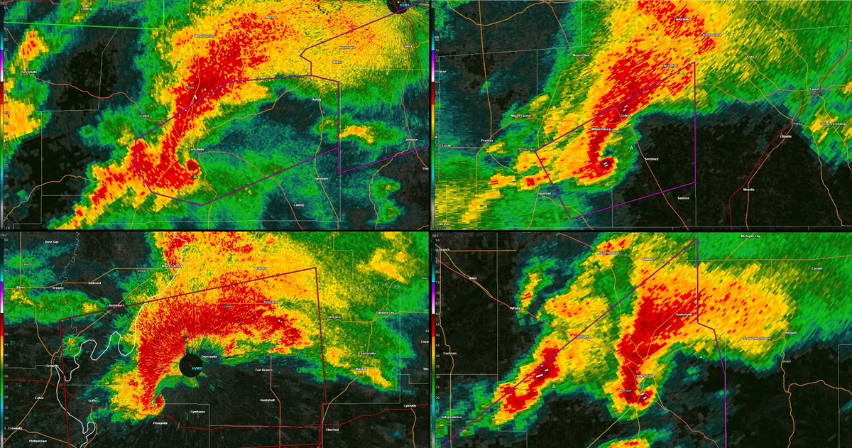 HRRRisonCater's tweet photo. Some things are no coincidence. Such as these 4 uncannily similar radar images all resulting in unusually long-tracked, intense tornadoes.
From top left:
Centerville, AL, EFU, 75+ miles
Bassfield, MS, EF4, 68 miles
Crossville, IL, EF3, 44 miles
Holly Springs, MS, EF4, 75 miles https://t.co/GhZgzjgWcA