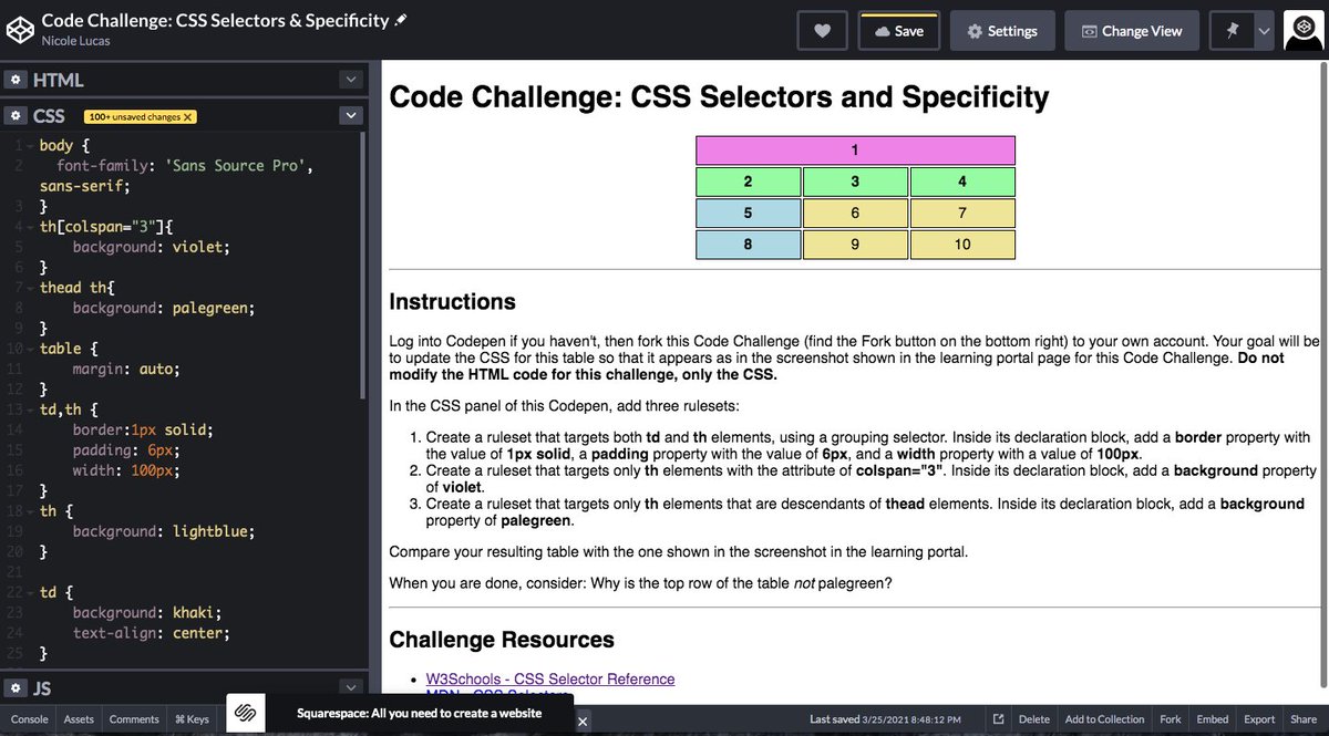 cookies2code's tweet image. Day 3/100 today was all about CSS Selectors and Specificity what a reward to see that top box turn violet after being stumped for a few minutes #codingbootcamp #100DaysOfCode #girlscode