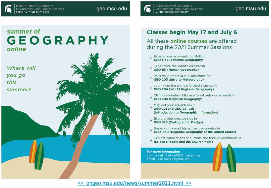 onGEOatMSU's tweet photo. Where will you go this summer? With online courses in Geography your options are boundless! Enrollment for our fully online summer #MSUGeography courses is underway. Claim your (window or aisle) seat now! https://t.co/PAYVl2SWmP  #MSUGeography #onGEO #onGEOatMSU https://t.co/1qjJGYCSCW