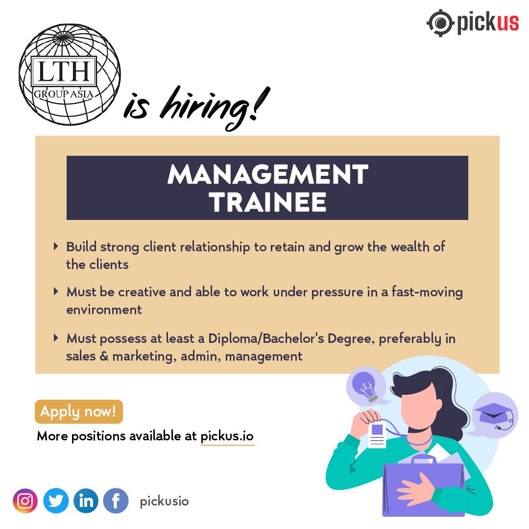 pickusio's tweet photo. JAWATAN KOSONG
Management Trainee
Company Name: LTH Group Asia (Prudential)
Salary: RM2500 - RM7000
Location: Petaling Jaya, Selangor
Click here to apply https://t.co/CYk1OSlx4J
#jawatankosong #kerjakosong #jobavailable #maukerja #carikerja #pickusio #management #trainee https://t.co/FGIDMoYdLX