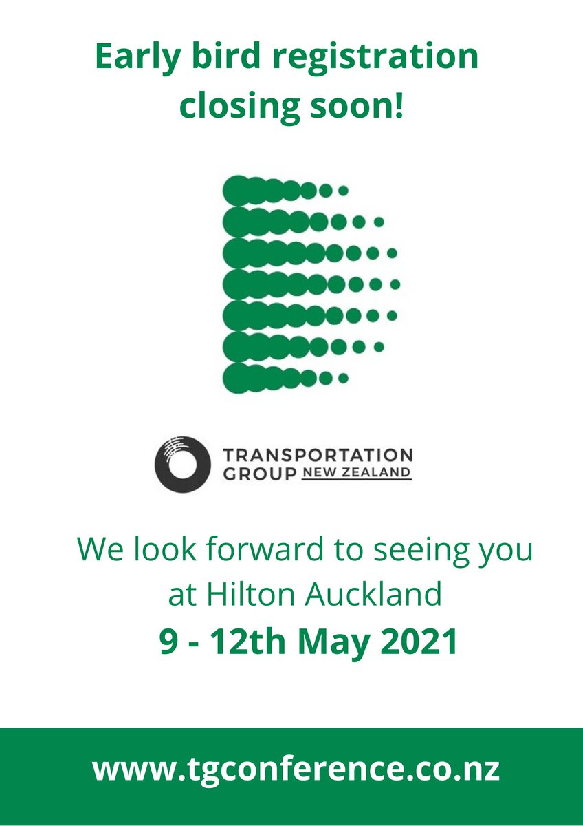 transport_nz's tweet photo. A reminder that early bird registration closes next Friday 2nd April. With an outstanding line up of keynote speakers, the fantastic Greg Ellis as MC, there's no shortage of reasons to attend Transportation Group conference 2021. 
See you there! #tgnz21 
https://t.co/wUWzSyCKXj https://t.co/8CMdxIrKhi
