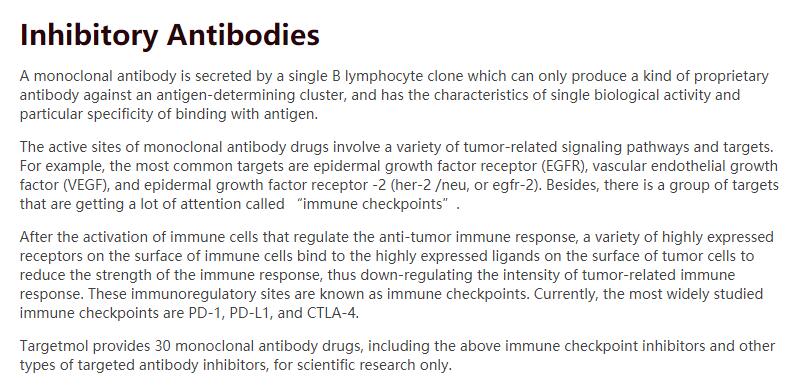 #inhibitors #drugdiscovery Targetmol provides 30 monoclonal antibody drugs, including the above immune checkpoint inhibitors and other types of targeted antibody inhibitors, for scientific research only. #Smallmolecules  Visit： targetmol.com/product-sort/I…