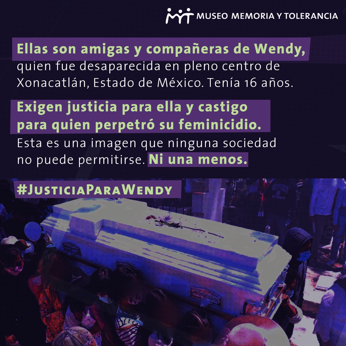 MuseoMyT's tweet photo. Wendy salió de su casa a dar un paseo y ya no regresó. Como ella, otras 25 mujeres han sido víctimas de feminicidio en el Estado de México en los dos primeros meses de este año. Una pandemia que no puede seguir teniendo lugar en nuestro país. #NiUnaMenos #JusticiaParaWendy https://t.co/W037eRh55G
