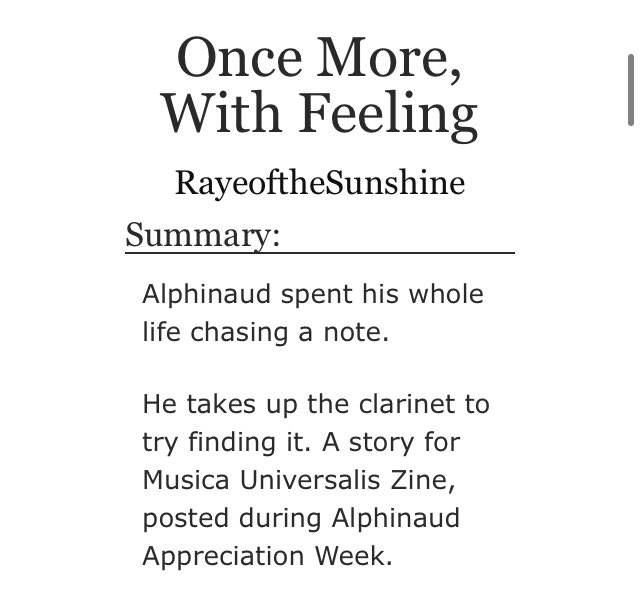 I was lucky to be part of <a href="/MusicaZine/">Musica Universalis / Leftover Sales</a>! I wrote two fics, and here is the main one! It’s a wonderful zine full of music, and my fic gives the clarinet some love.

archiveofourown.org/works/30269061

Posted as part of #alphinappreciation’s free day. 
#ffxiv #alphinaud #alphinaudleveilleur