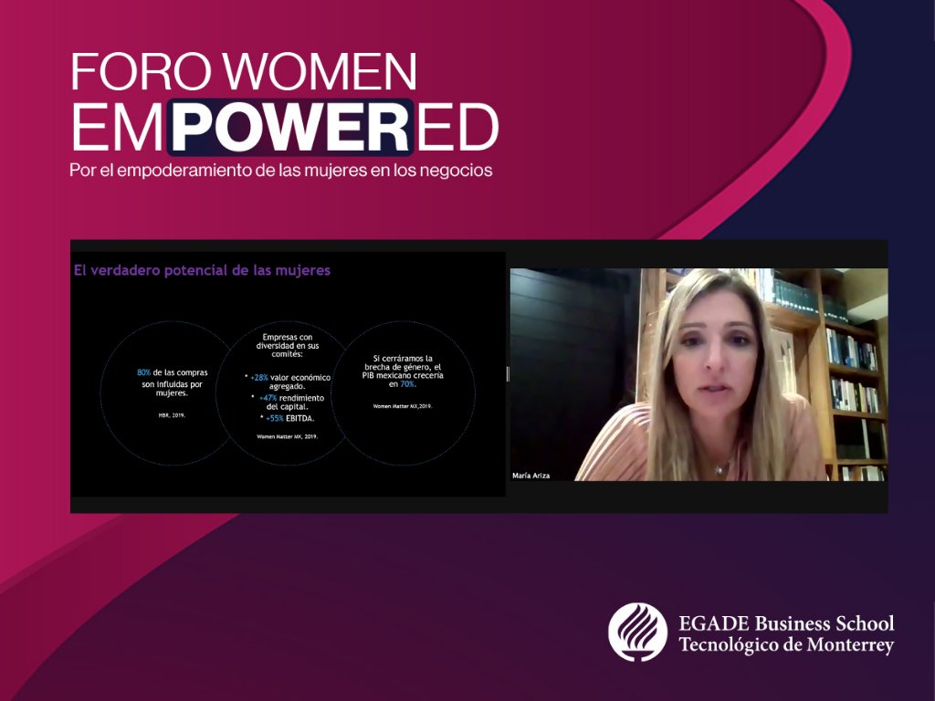 egade's tweet photo. "Si cerramos la brecha de género, el PIB mexicano crecería en el 70%, dato que muestra el potencial de las mujeres en el mundo corporativo". -@Maria_Ariza en el #ForoWE @BIVAMX https://t.co/JQmMx6Xrzk
