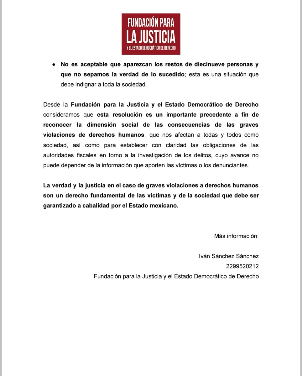 📢#COMUNICADO 
¡Un paso hacia la #VerdadYJusticia desde el poder judicial! La resolución que ordena a <a href="/FGRMexico/">FGR México</a> iniciar investigación por la masacre de #Camargo es un importante precedente que reconoce la dimensión social de las consecuencias de las #gravesviolaciones de #DDHH👇🏽