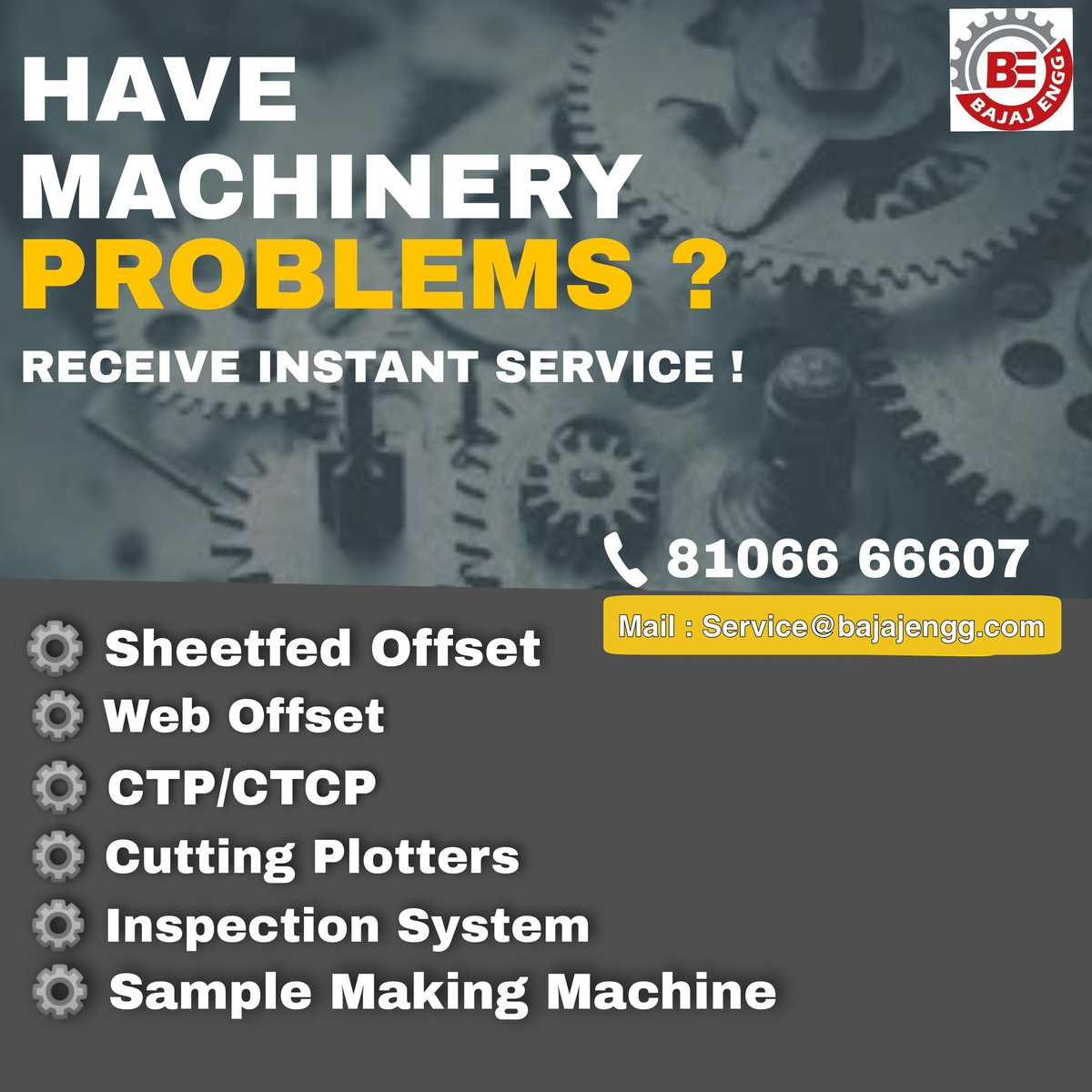 BajajEngg_'s tweet photo. Having machinary problem ?
Contact us and receive instant service.
#bajajengg #automation #printmaking #printservices #printingmachine #offsetprintingpress #services #repairing #machinerepair #instantservice https://t.co/w896EBhNtB