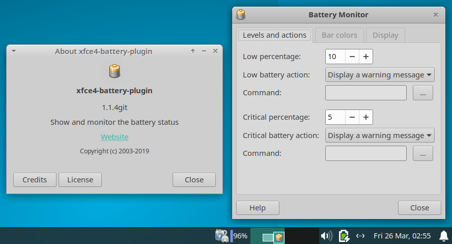 XfceNation's tweet photo. Xfce Plugin Release: Battery Monitor 1.1.4

This release includes a Help button in the properties dialog, code cleanup, bug fixes, &amp; translation updates. #Xfce #XfcePanel #XfceDevelopment #XfcePluginRelease

https://t.co/fsT5iA9wGy

Test it and report bugs https://t.co/TehgWrIGFE https://t.co/jCHiAi9MPY