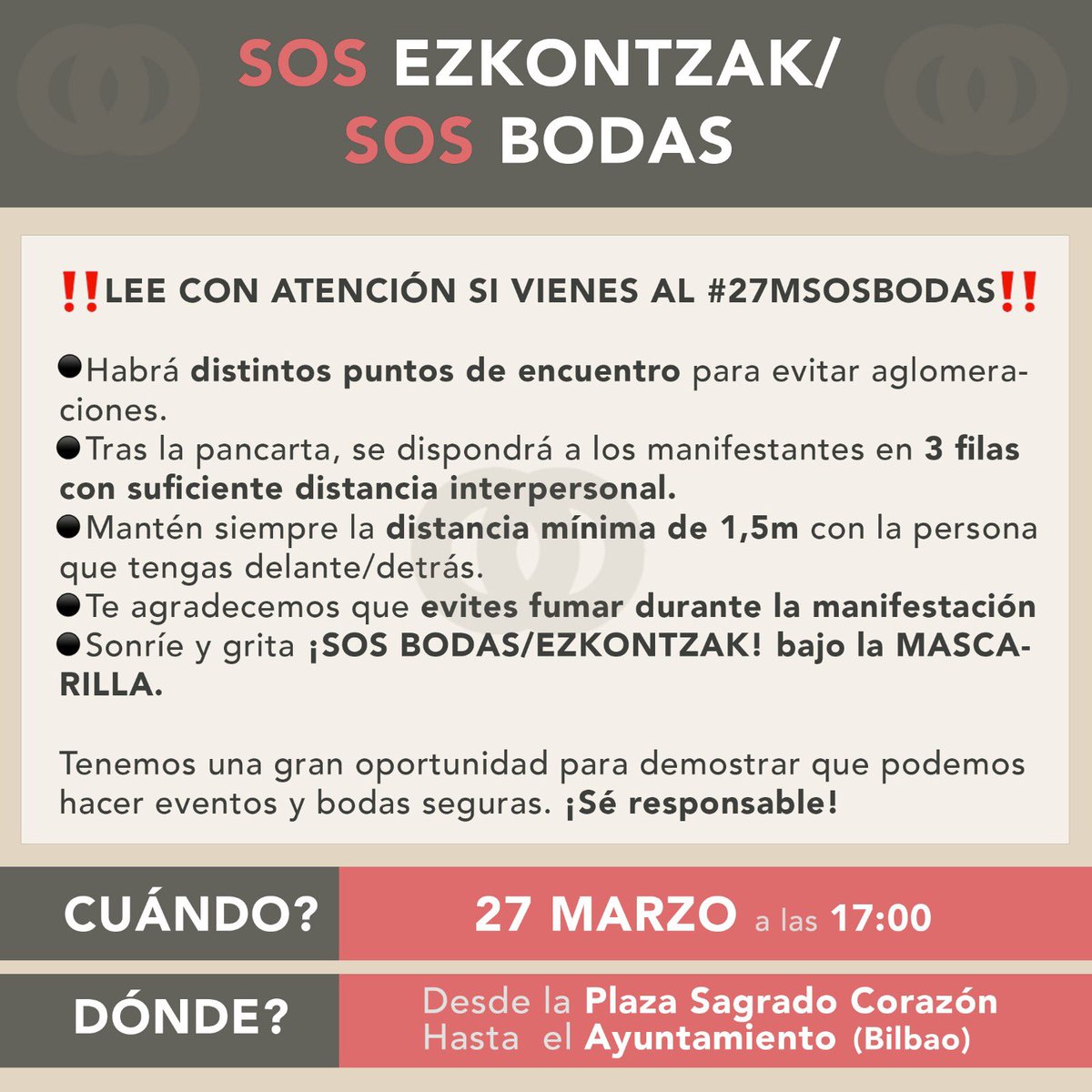 eheseasnpv's tweet photo. El sábado tenemos una gran oportunidad para demostrar que podemos hacer eventos y bodas seguras 💪
‼️ Lee atentamente nuestras indicaciones y sé responsable el #27MSOSBODAS ‼️
#sosbodas #sosezkontzak #ezkontzaziurrak #bodasresponsables #salvemoslasbodas https://t.co/pRmVYLTiJH