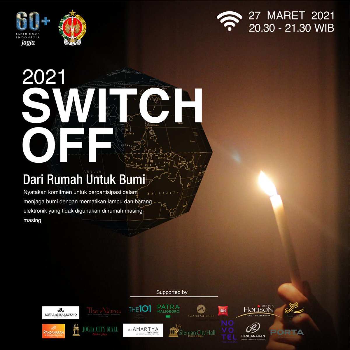 EHjogja's tweet photo. [Switch Off 2021 Earth Hour Jogja]

Earth Hour merupakan sebuah gerakan untuk menunjukkan komitmen kami terhadap alam dengan cara mematikan lampu dan peralatan elektronik yang tidak terpakai selama 60 menit. https://t.co/E5jgk2BowE