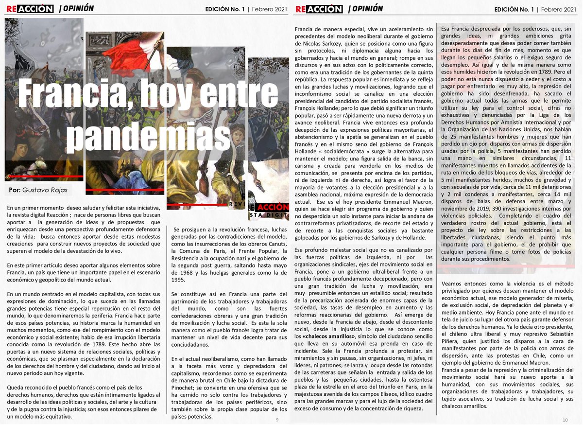 ReaccionRevista's tweet photo. #Edicion1 | Reacción Revista Digital
Columna de Opinión
Francia, hoy entre pandemias.
Por Gustavo Rojas
@rojas_gustavo69
Pág 9-10
Versión completa
https://t.co/DdIlLku7w8 https://t.co/jIDgeMYqrG