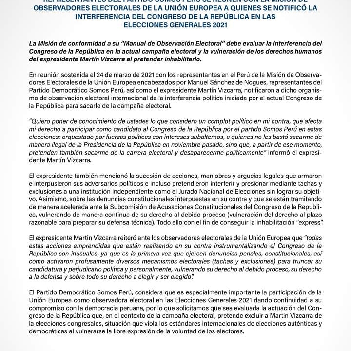 polemica_y's tweet photo. #Eleccionesgenerales  PRONUNCIAMIENTO DEL PARTIDO SOMOS PERÚ.

"Hemos puesto en conocimiento a la Misión de Observadores Electorales de la UE las interferencias que realiza el Congreso contra la candidatura de Martín Vizcarra", mencionaron los partidarios del corazón. https://t.co/kelB0WvdXC