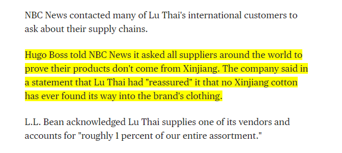 Nrg8000's tweet photo. .@HUGOBOSS, last September told NBC it was confident that Xinjiang cotton was not a part of its supply chain. Yesterday, it said on Chinese social media that it "will continue to purchase and support Xinjiang cotton".

Absolute hypocracy and moral dereliction. https://t.co/Hy3itdUYT4