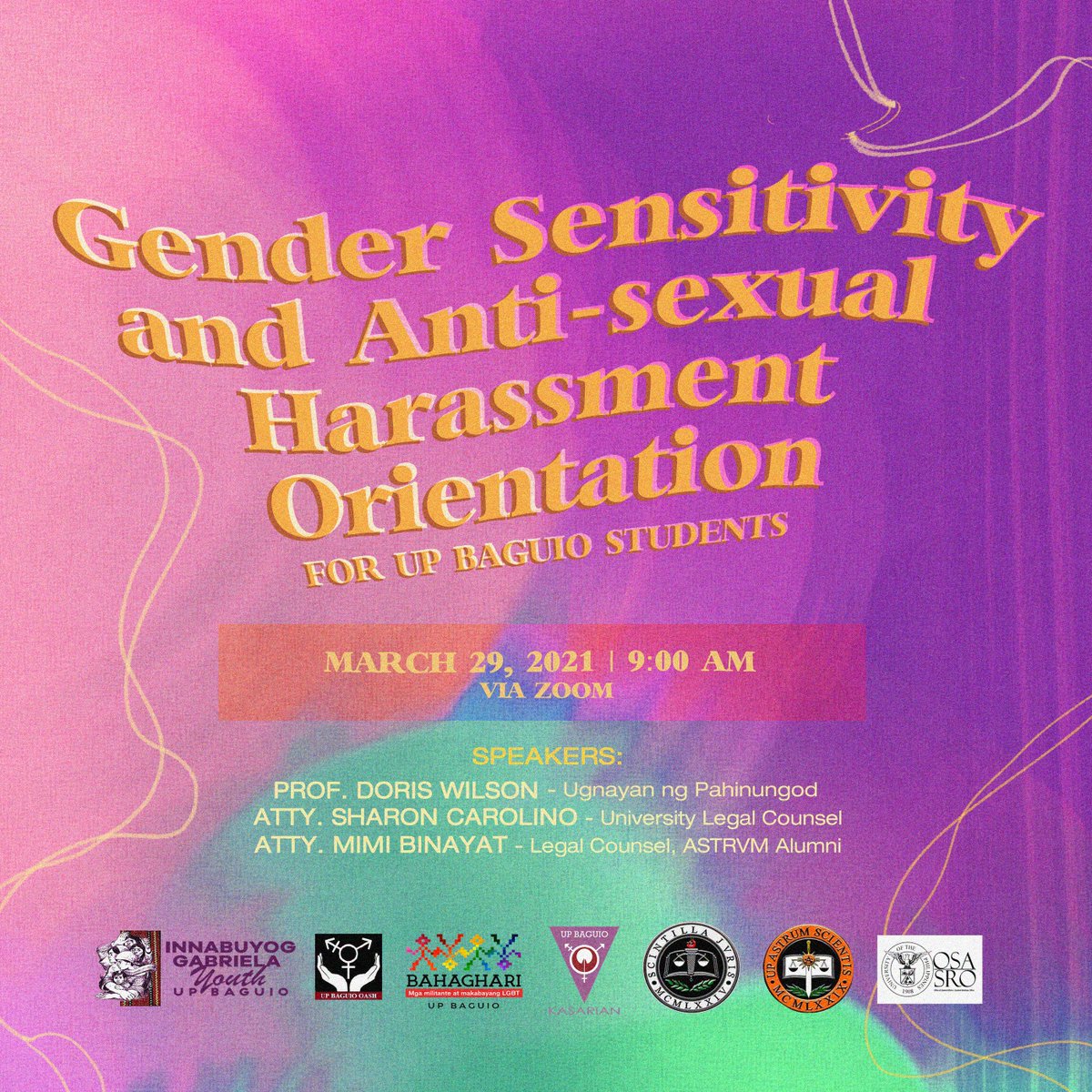 As part of this year's Women's Month celebration, there will be a Gender-Sensitivity - Anti-Sexual Harassment Orientation on March 29, 9 AM - 12 NN via Zoom Webinar.

To join, register through this link: up-edu.zoom.us/webinar/regist…

#RiseResistUnite
#WomensMonth2021