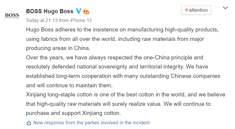 Nrg8000's tweet photo. .@HUGOBOSS, last September told NBC it was confident that Xinjiang cotton was not a part of its supply chain. Yesterday, it said on Chinese social media that it "will continue to purchase and support Xinjiang cotton".

Absolute hypocracy and moral dereliction. https://t.co/Hy3itdUYT4