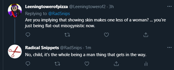 RadSnips's tweet photo. Some gender ideologue just left this comment on a post of mine from two years ago...

Dear trans activists, like your bars for reality and acceptable male behavior, your bar for what's clever is way too low.

C'mon now. You can do better. I believe in you.🦄

#BornNotWorn #Woman https://t.co/gt8IcZgvfq