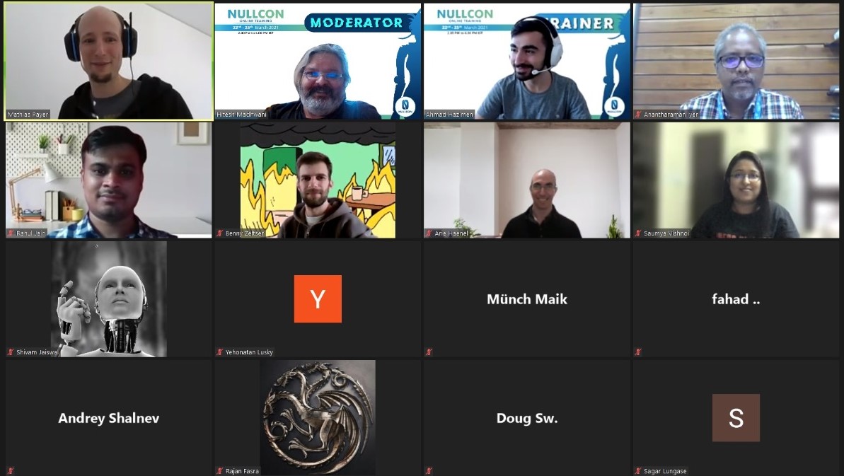 nullcon's tweet image. 🙌Here we come to an end of Nullcon Online March Trainings 2021 Batch 2▶️

👏Thank you to our Trainers Ashfaq @HackSysTeam, Mathias @gannimo &amp;amp; Ahmad @AhmadAHazimeh , Riddhi @_riddhishree, Mario @cure53berlin 

#Nullcon2021 #Infosec #Trainings #Hacking #Cybersecurity