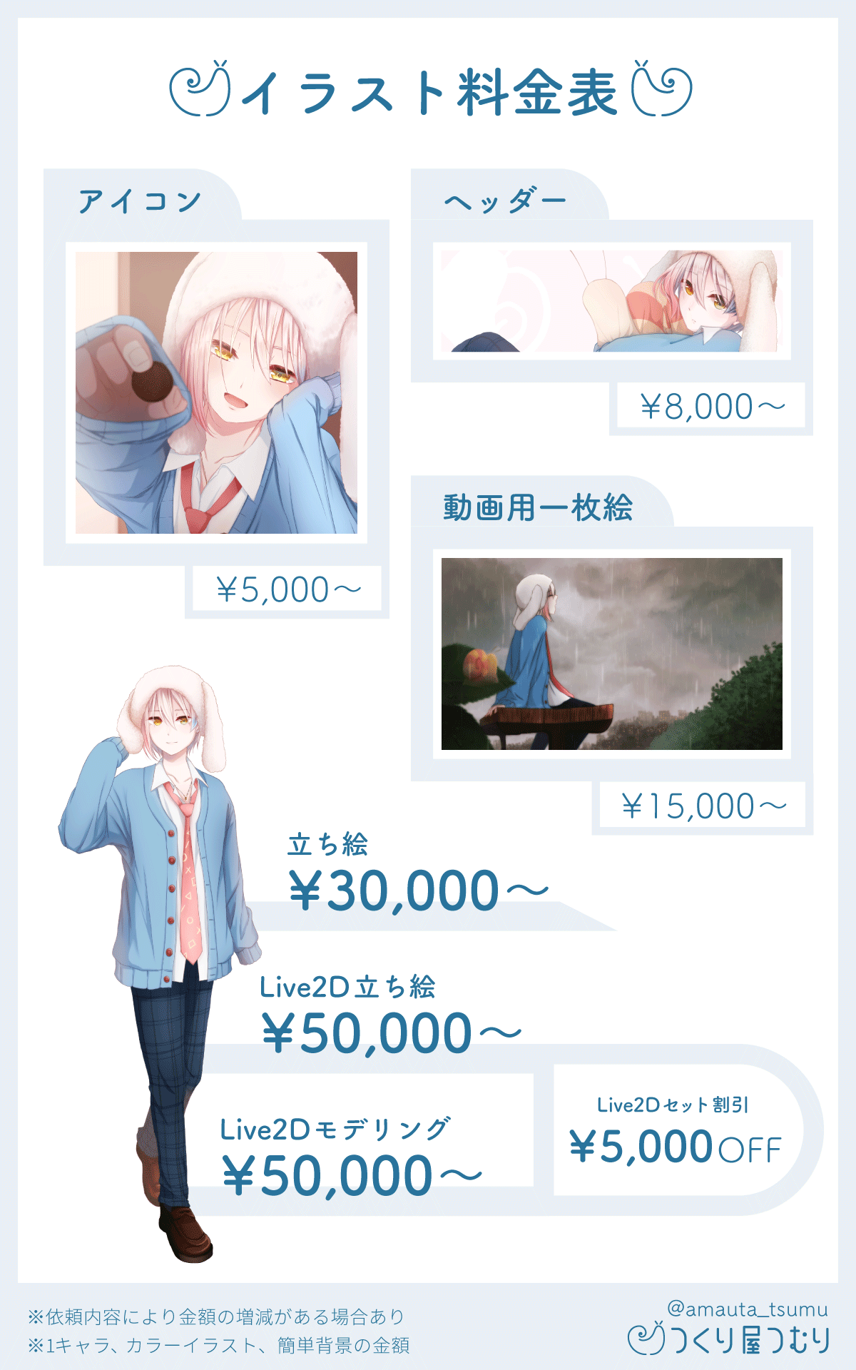 雨唄つむ Auf Twitter イラストの料金表と 制作の流れです 金額のご相談はいつでも承っておりますので お気軽にdmください デザイン業もやってるので 納期は要相談でお願いします タイミングによっては入稿前で死んでたりしますﾃﾍ アイコン依頼 有償依頼