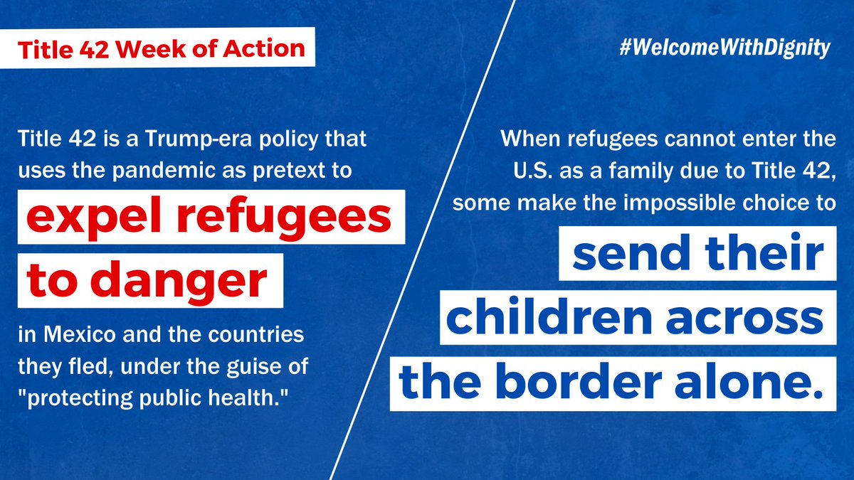 Today kicks off Title 42 Week of Action - and we're sounding the alarm on Title 42, a Trump-era policy the Biden Admin has continued to use to expel refugees to danger.

Help end this cruel policy: bit.ly/StopExpulsions 

#WelcomeWithDignity