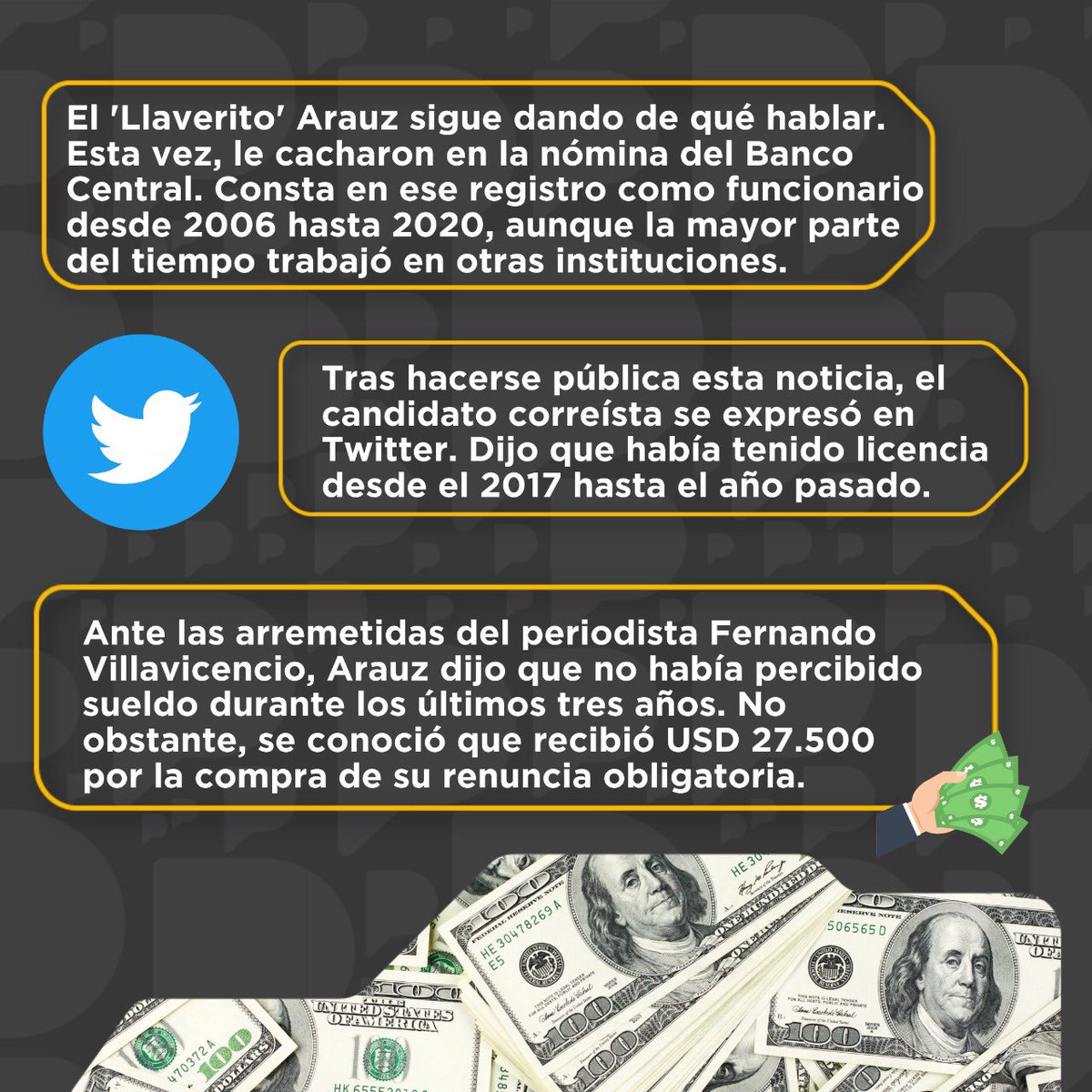 LaPosta_Ecu's tweet photo. Andrés ‘El Llaverito’ #Arauz es una cajita de sorpresas. 🎁 Resulta que fue funcionario de #LenínMoreno, en el #BCE. 🏦 Esto, a pesar de que critica siempre que puede al mandatario. 🤥 https://t.co/RCqO16NtBg