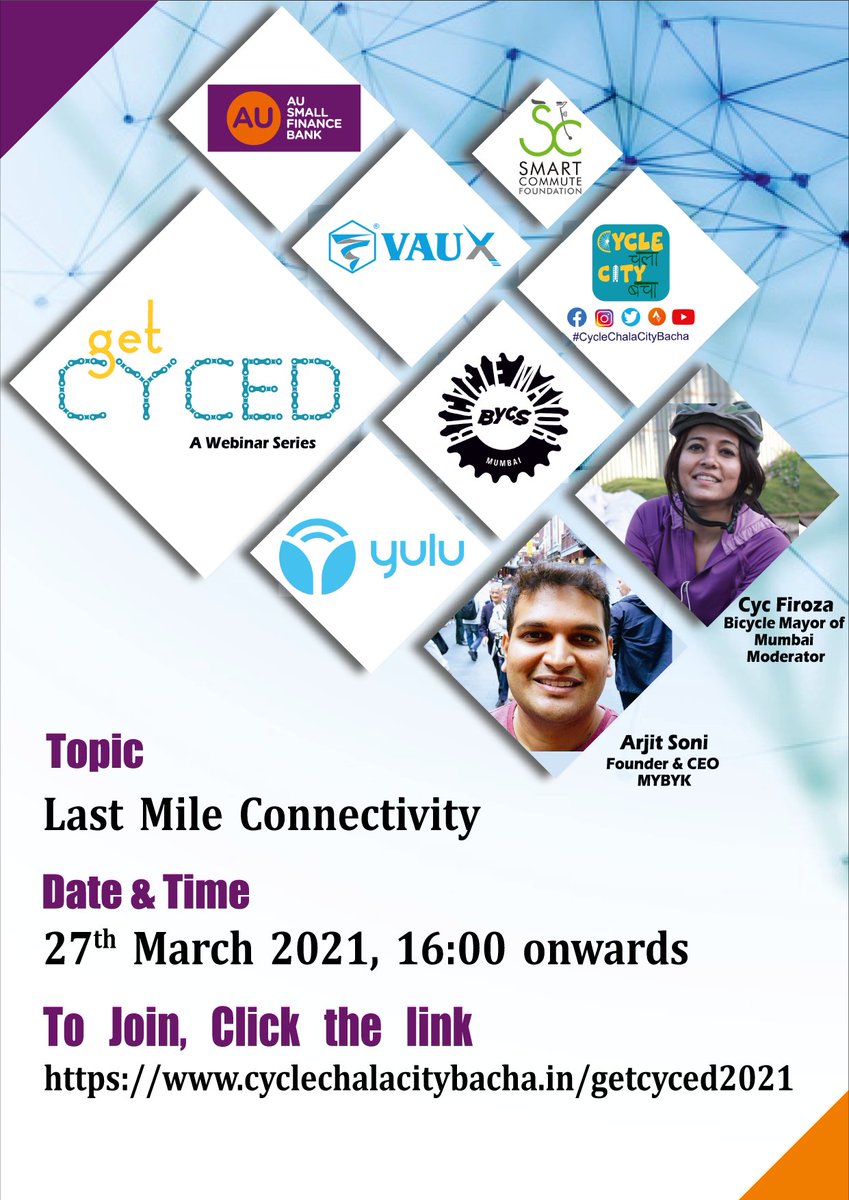 CycleChalaCityB's tweet photo. Get Cyced - A Webinar Series
Join us by clicking this link (tomorrow at 4.00pm Indian Time):
https://t.co/zHaDJAiv14
@aubankindia
@YuluBike
Vaux Bicycle
@BYCS_org
@cycfiroza
@mybyk_in
#webinar #mumbaicyclists #cyclingclub #mumbai #bicyclemayorofmumbai #getcyced https://t.co/9pb0U7U4Yq