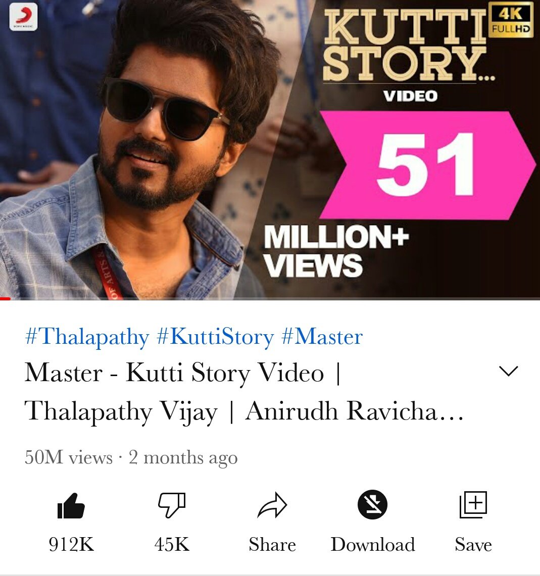 #KuttiStoryVideoSong Hits Massive 50.2M+Views On YouTube🔥

🔹Thalapathy's 20th 50M+ Views Videos In YT💥

🔹15th Video Songs Hits 50M+V & 5th In #Master Movie🔥

🔹2nd Time 50M+Views #KuttiStory 🔥

SM Monster For Reason 🦁 @actorvijay #Thalapathy65 #KuttiStoryHits50MViews