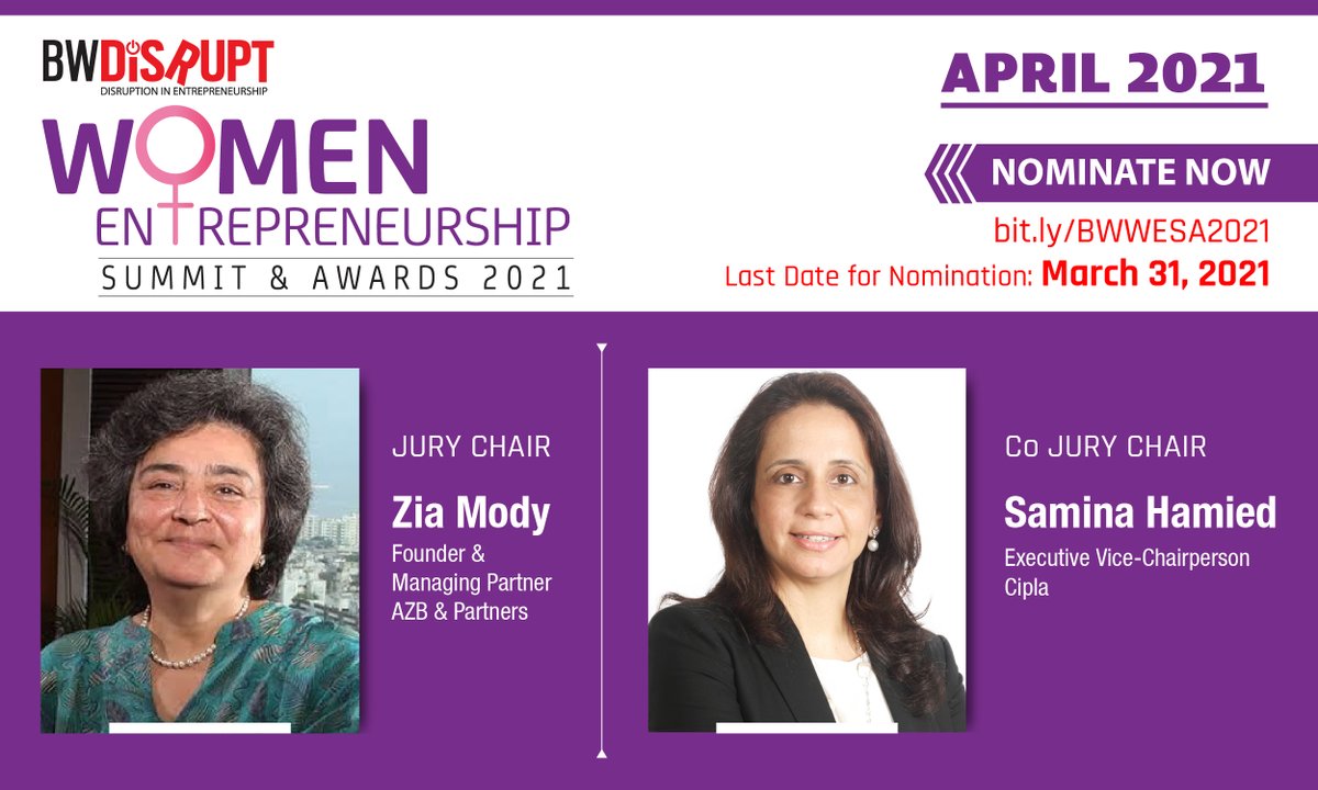 BWBusinessworld's tweet photo. BW Disrupt presents Women Entrepreneurship Summit & Awards 2021: Recognizing Top Innovative & Disruptive Women Entrepreneurs across Sectors #BWESA
Nominate Now: https://t.co/aXZant44Im
Last date for nomination: March 31, 2021
@anuragbatrayo @tanvieahuja https://t.co/mGFGq2NuP2