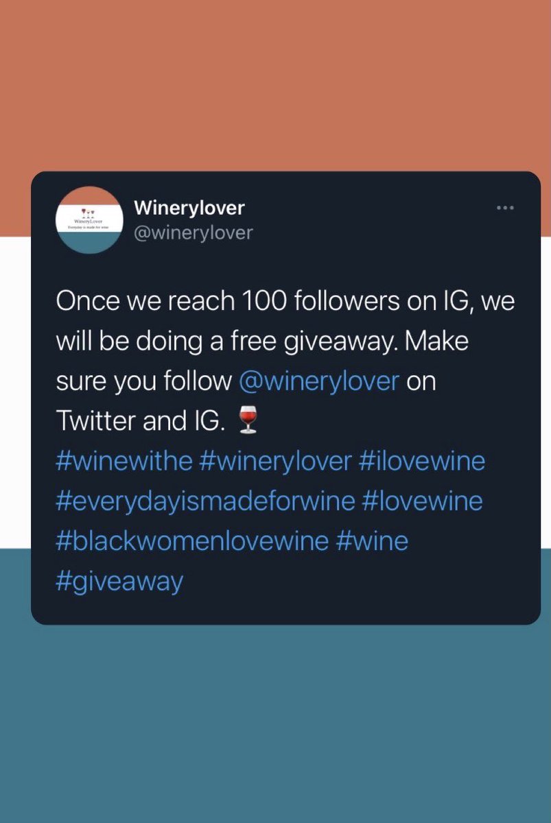 winerylover's tweet photo. Once we reach 100 followers, we will be doing a free giveaway! 🍷
Make sure you tell a friend and they tell a friend to follow @winerylover
#winewithe #everydayismadeforwine #winerylover #ilovewine #wine #giveaway #freegiveaway #blackwomenlovewine #follow https://t.co/2iCevhLFIG
