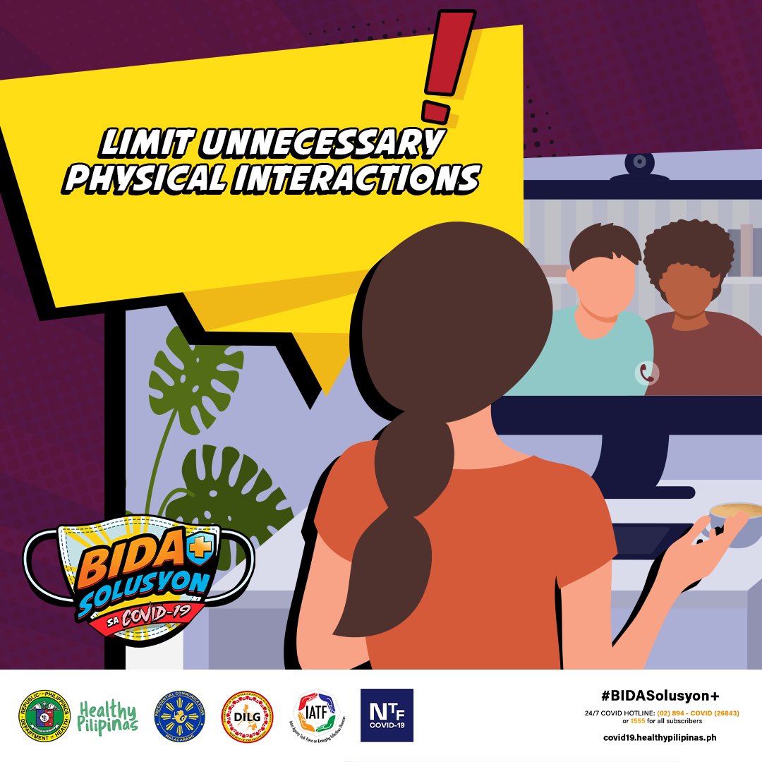 DOHgovph's tweet photo. Para sa kumpletong proteksyon #BIDASolusyon Plus sa COVID-19!!

Online muna hangga't maaari ang mga interaksyon sa mga kaibigan at kapamilya! Limitahan rin ang pisikal na interaksyon sa iba kung lalabas para sa mga importanteng gawain!

Hangga’t maaari, magstay at home! https://t.co/45xXRQaxus