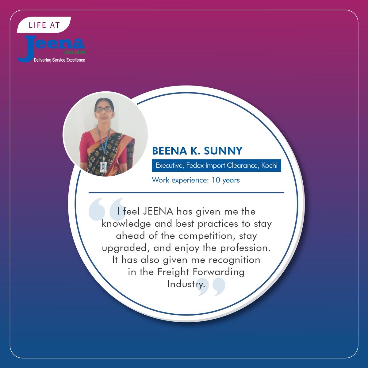 JeenaGlobal's tweet photo. Here's why Beena k. Sunny , Executive, Fedex Import Clearance, Kochi, loves her work at Jeena.
Come join us as we reshape #SupplyChain & #Logistics
Visit for more details: https://t.co/skTVlrkIhZ
#Jeena #JeenaGlobal #LifeAtJeena #Cargo #digitalfreightforwarder #airfreight https://t.co/kAcIzim7ed