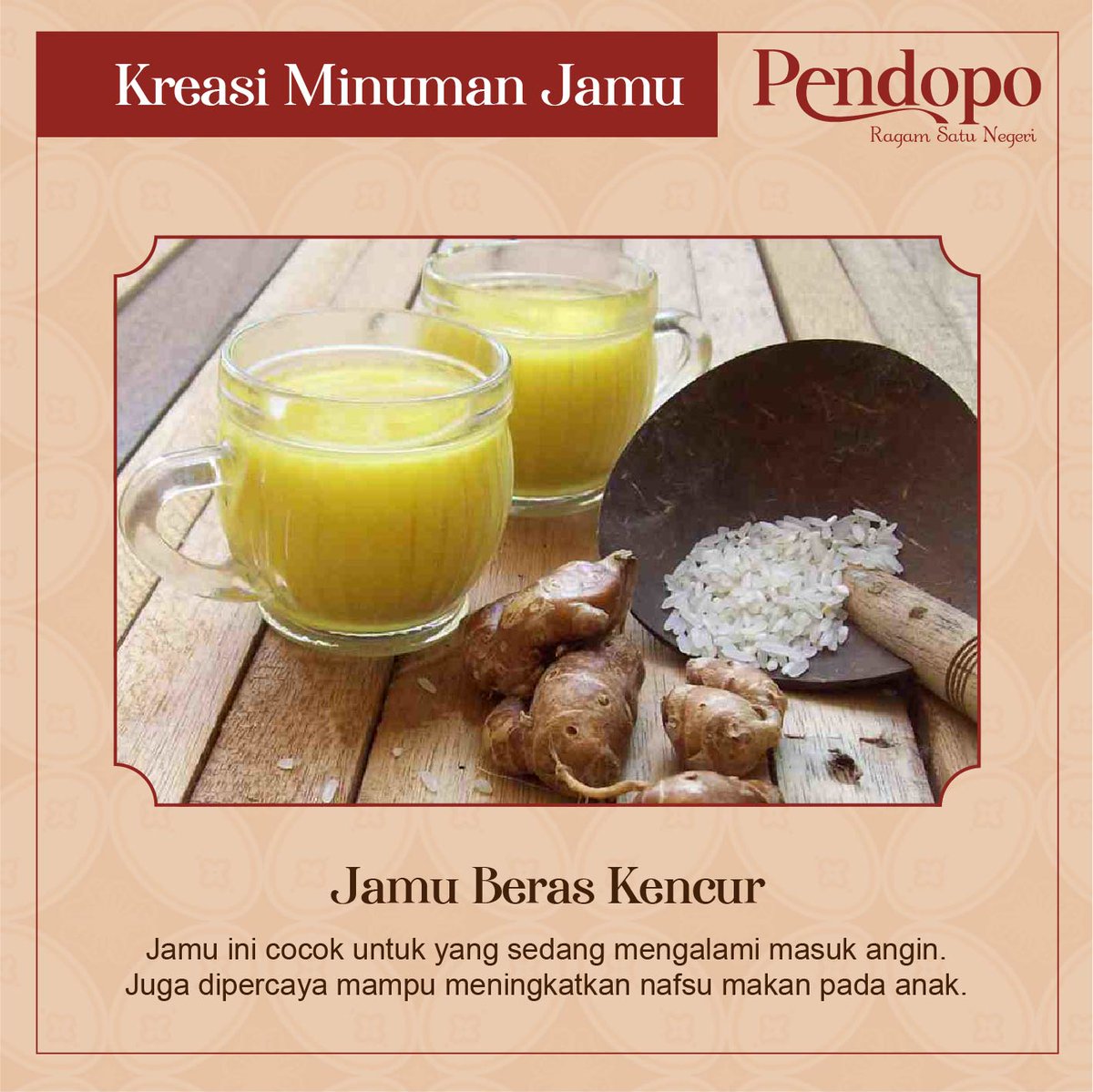 pendopoID's tweet photo. Diracik dengan rempah-rempah, jamu tak hanya menyegarkan tapi juga menyehatkan untuk tubuh. Dan saat ini, terdapat macam-macam kreasi jamu dengan  berbagai manfaat kesehatan yang bisa Anda nikmati. 

#pendopo #pendopoindonesia #jamu #kreasijamu #jamuinstant https://t.co/bYz9s4rHIa
