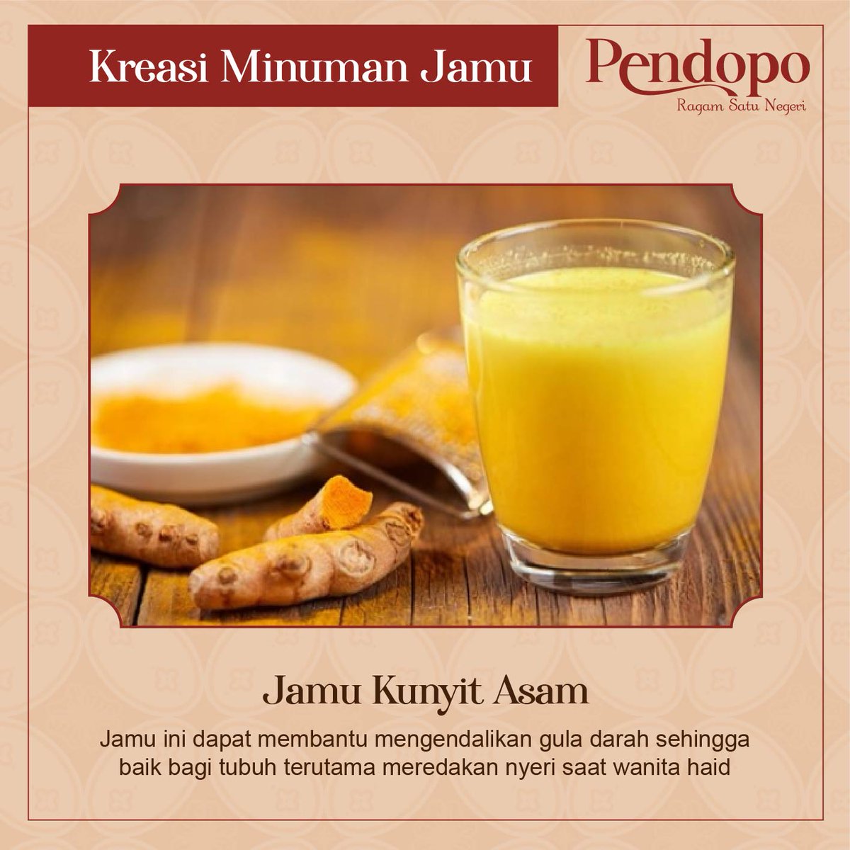 Diracik dengan rempah-rempah, jamu tak hanya menyegarkan tapi juga menyehatkan untuk tubuh. Dan saat ini, terdapat macam-macam kreasi jamu dengan  berbagai manfaat kesehatan yang bisa Anda nikmati. 

#pendopo #pendopoindonesia #jamu #kreasijamu #jamuinstant