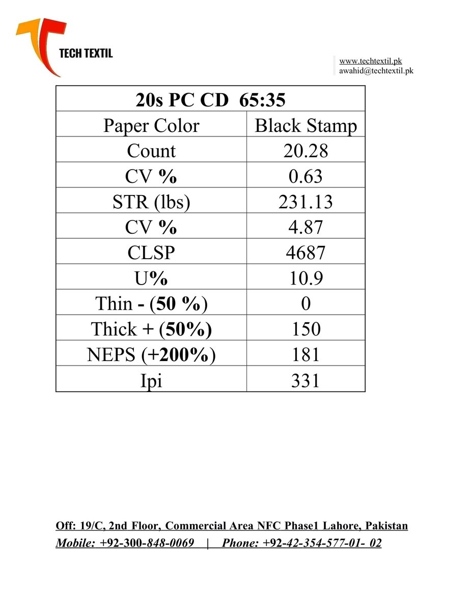 techtextil's tweet photo. Here is Specs of our #Yarn 20s CD PC 65:35.
Feel Free to get in touch with us @
📨awahid@techtextil.pk
📨sales@techtextil.pk
🌐https://t.co/Innj7y3nl1
📲+92-300-848-0069
☎️+92-42-3545-7701 & 02
#WhatsApp:
🗨️+92-313-674-0000
we love hear from you !
#Team_TechTextil https://t.co/HWK5TvUgKq