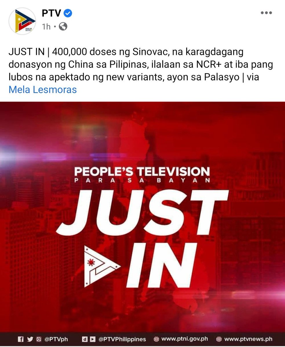 MovingForwardPH's tweet photo. #ResBAKUNA News from @PTVph | 

400,000 doses ng #SINOVAC, na karagdagang donasyon ng China sa Pilipinas, ilalaan sa NCR+ at iba pang lBubos na apektado ng new variants, ayon sa Palasyo.

#DuterteCare
#VaccinesWork
#MovingForwardPH
#Bakuna

https://t.co/DU5bw5wPLf https://t.co/OABO3KtYDV