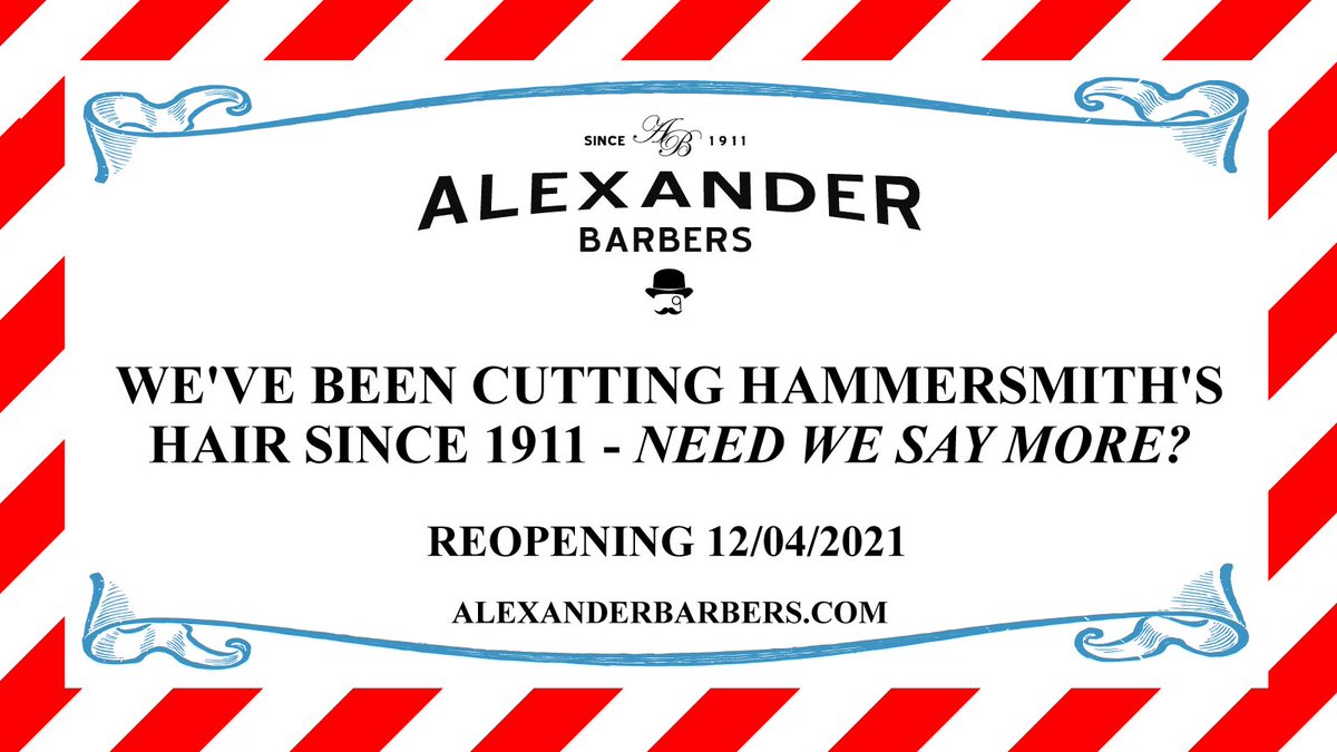 Alexander Barbers will reopen Monday April 12! We've been cutting Hammersmith's hair since 1911. Need we say more? #barbers #mensfashion #hammersmithbarbers 02087411801 07385265490 <a href="/ALEXANDERBARBHQ/">alexanderbarbershq</a> 38 Hammersmith Broadway W6 7AB 02087411801