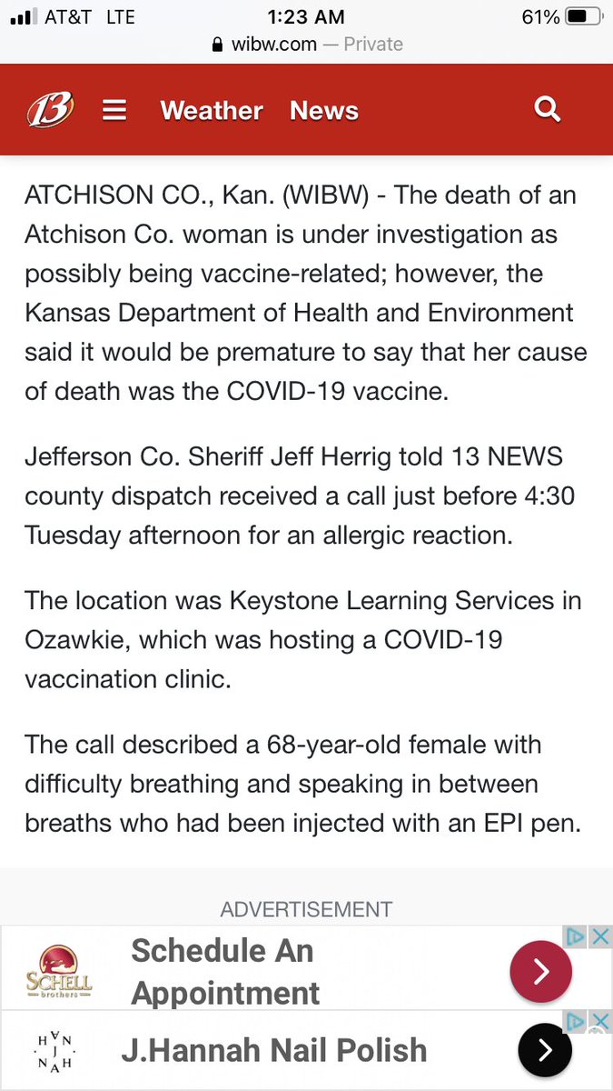 AlexBerenson's tweet photo. An update on the Kansas case: Jeanie Evans went into shock at a Covid-19 vaccination clinic minutes after being vaccinated, was taken to a hospital, and died.

AND HEALTH AUTHORITIES STILL SAY THEY ARE NOT SURE THE VACCINE CAUSED HER DEATH.

What standard of proof is required? https://t.co/DwKph39jHs
