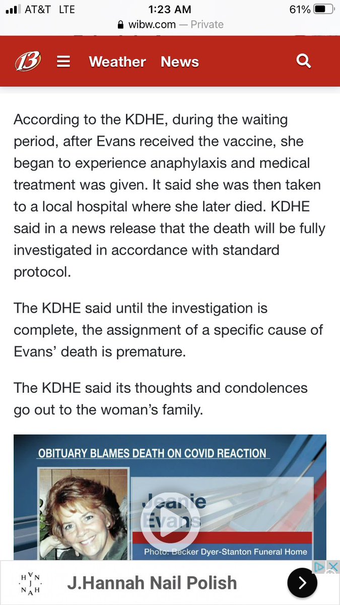 AlexBerenson's tweet photo. An update on the Kansas case: Jeanie Evans went into shock at a Covid-19 vaccination clinic minutes after being vaccinated, was taken to a hospital, and died.

AND HEALTH AUTHORITIES STILL SAY THEY ARE NOT SURE THE VACCINE CAUSED HER DEATH.

What standard of proof is required? https://t.co/DwKph39jHs