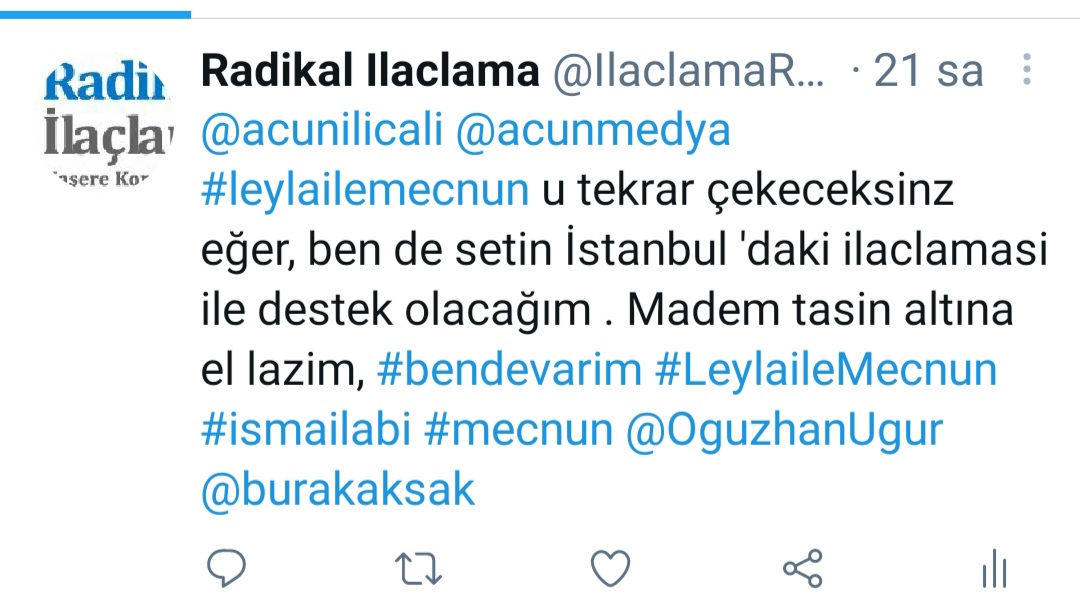 ilhami_yilmaz's tweet photo. Leyla ile Mecnun u tekrar cekmeyen #AcunMedya yi #ProtestoEdiyorum https://t.co/2BFAVeffOm