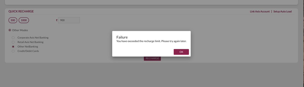 Esandeep's tweet photo. @AxisBank @AxisBankSupport Can you check why i am unable to recharge my fastag account ? https://t.co/k07i7bDake