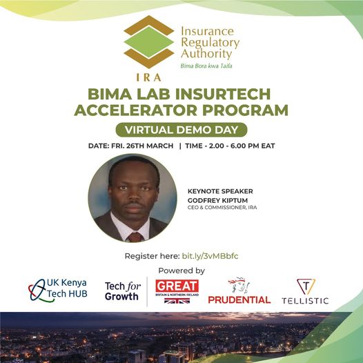 ira_kenya's tweet photo. The first-ever regulatory-led Insurtech Accelerator in Kenya in collaboration with @UK_KenyaTechHub @PrudentialKenya, Tech For Growth &amp; Tellistic Technology Services is taking place today. Connect with us virtually from 2-6PM. Click to register: https://t.co/tSH94U08Jk 
 #BimaLab https://t.co/caOh7ipOb4