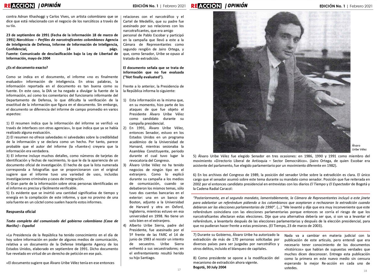 ReaccionRevista's tweet photo. #Edicion1 | Reacción Revista Digital
Columna de Opinión
La inteligencia de EE.UU incluyó al ex Presidente colombiano Uribe entre «importantes narcotraficantes colombianos»
Por Gener Usuga
@gener_usuga
Pág 15-18
Versión completa
https://t.co/DdIlLku7w8 https://t.co/k6KwtHFrlK