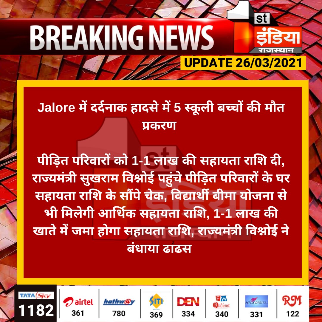 1stIndiaNews's tweet photo. #Jalore में दर्दनाक हादसे में 5 स्कूली बच्चों की मौत प्रकरण 

पीड़ित परिवारों को 1-1 लाख की सहायता राशि दी, राज्यमंत्री सुखराम विश्नोई पहुंचे पीड़ित परिवारों के घर सहायता राशि के सौंपे चेक,..
@MlaSanchore https://t.co/oSsOqS6IYA