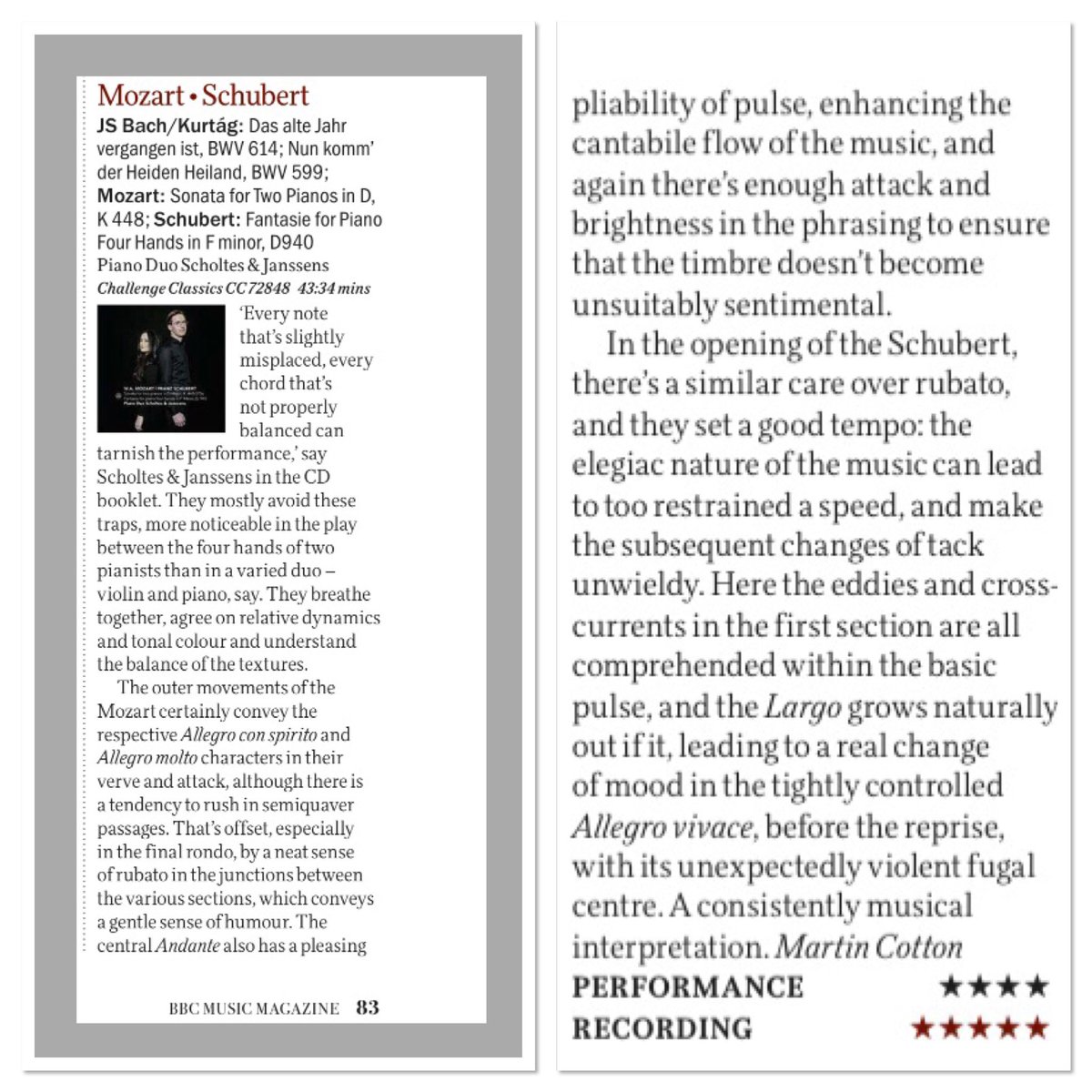 A review with 4****stars out of 5 for our new cd on BBC Music Magazine! Martin Cotton writes:
"They breathe together, agree on relative dynamics and tonal colour and understand the balance of the textures." <a href="/challengerec/">Challenge Records International</a>